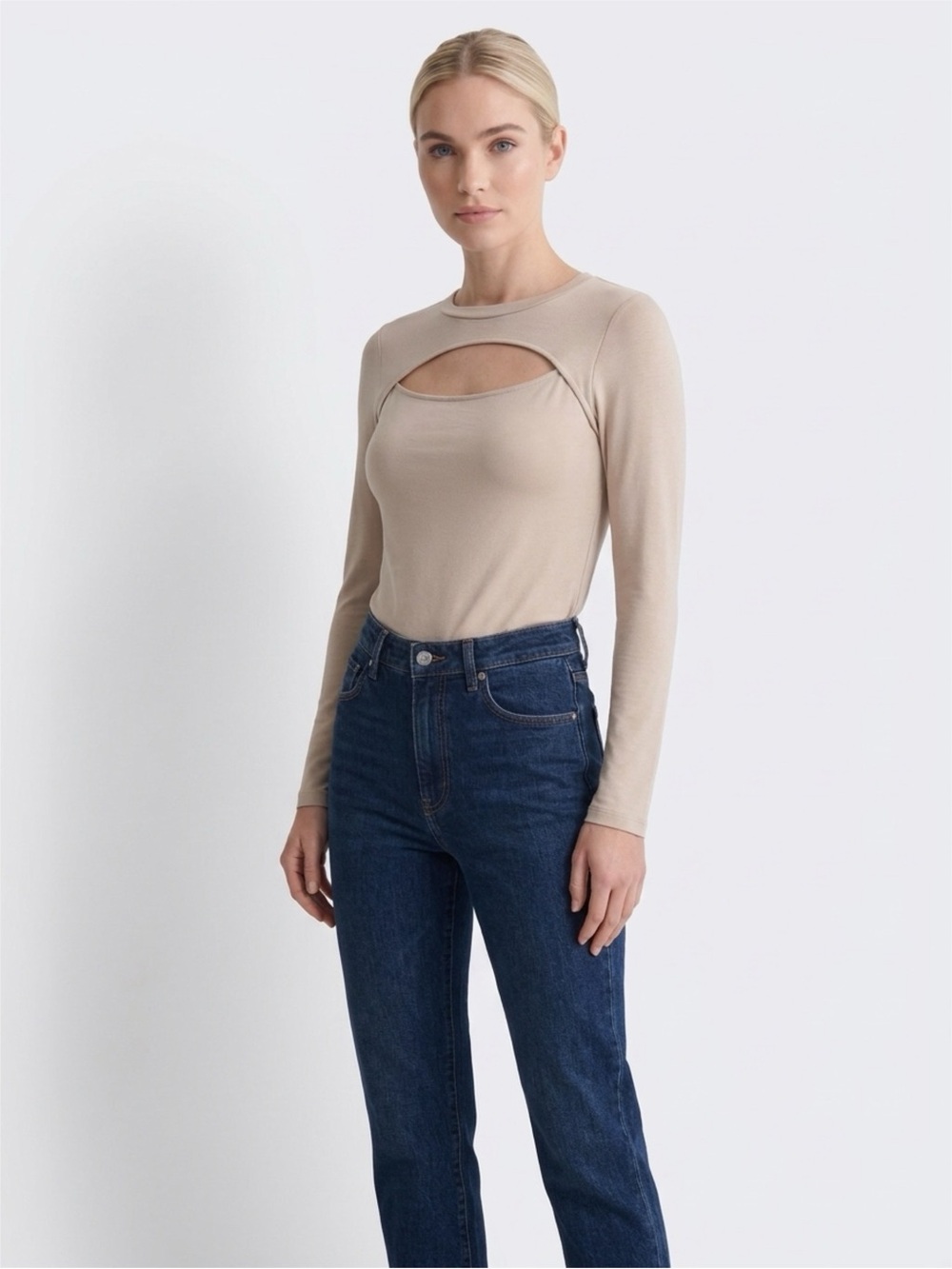 Klassy Network Cream Long Sleeve Cutout Top